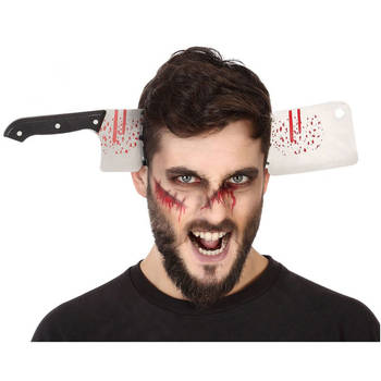 Halloween/horror verkleed hoofdband - dikke pech - hakmes door je hoofd - kunststof - Verkleedhoofddeksels