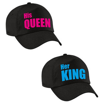 Kadopetten Her King en His Queen zwart met blauwe / roze letters voor koppels / bruidspaar volwassenen - Verkleedhoofdde