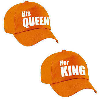 Kadopetten Her King en His Queen oranje met witte letters voor koppels / bruidspaar volwassenen - Verkleedhoofddeksels