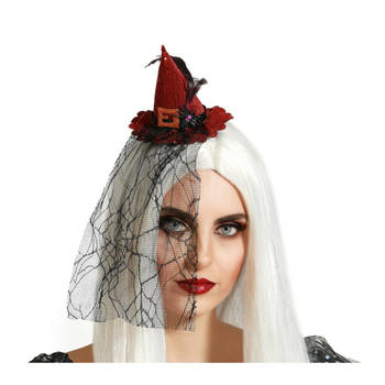 Halloween heksenhoed - mini hoedje op diadeem - one size - rood - met sluier - meisjes/dames - Verkleedhoofddeksels
