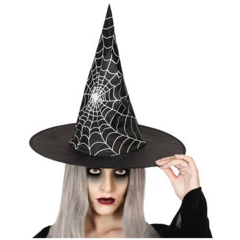 Halloween heksenhoed - met spinnenweb - one size - zwart/zilver - meisjes/dames - Verkleedhoofddeksels
