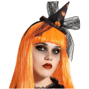 Halloween heksenhoed - mini hoedje op diadeem - one size - zwart/oranje - meisjes/dames - Verkleedhoofddeksels