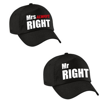 Zwarte kadopetten / caps Mr Right en Mrs Always right met witte / roze tekst voor koppels / bruidspaar / echtpaar volwas