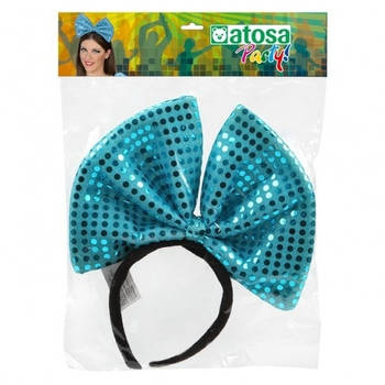 Haarband grote strik blauw met pailletten voor dames - Verkleedhoofddeksels