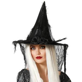 Halloween heksenhoed - met sluier - one size - zwart - meisjes/dames - Verkleedhoofddeksels