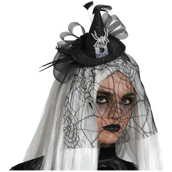 Halloween heksenhoed - mini hoedje op diadeem - one size - zwart/zilver - meisjes/dames - Verkleedhoofddeksels