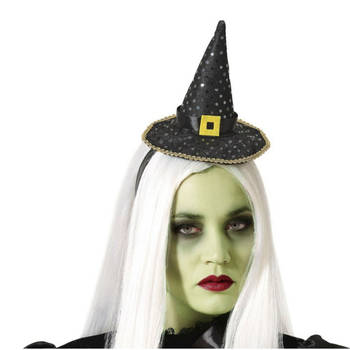 Halloween heksenhoed - mini hoedje op diadeem - one size - zwart/goud - meisjes/dames - Verkleedhoofddeksels