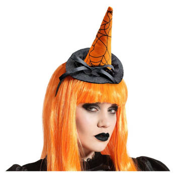 Halloween heksenhoed - mini hoedje op diadeem - one size - zwart/oranje - meisjes/dames - Verkleedhoofddeksels