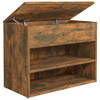 The Living Store Opbergbank Gerookt Eiken - Schoenenbank met Schappen en Kist - 60 x 30 x 45 cm - Bewerkt Hout