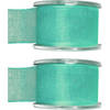 2x Mintgroene organzalint rollen 4 cm x 20 meter cadeaulint verpakkingsmateriaal - Cadeaulinten