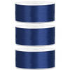 3x Donkerblauwe satijnlinten op rol 2,5 cm x 25 meter cadeaulint verpakkingsmateriaal - Cadeaulinten