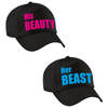 Zwarte kadopetten / cadeau caps Her Beast en His beauty met blauwe / roze tekst koppels / bruidspaar / echtpaar voor vol