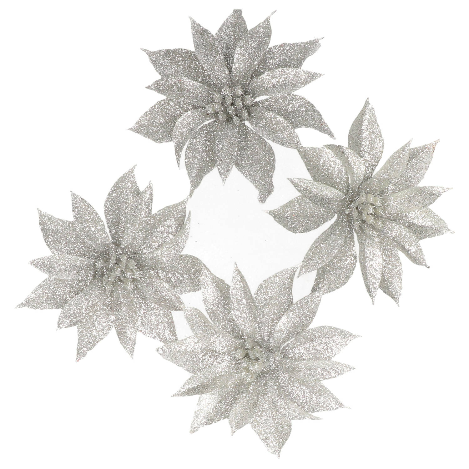4x stuks kerstboom decoratie bloemen op clip zilver glitter 9.5 cm - Kersthangers