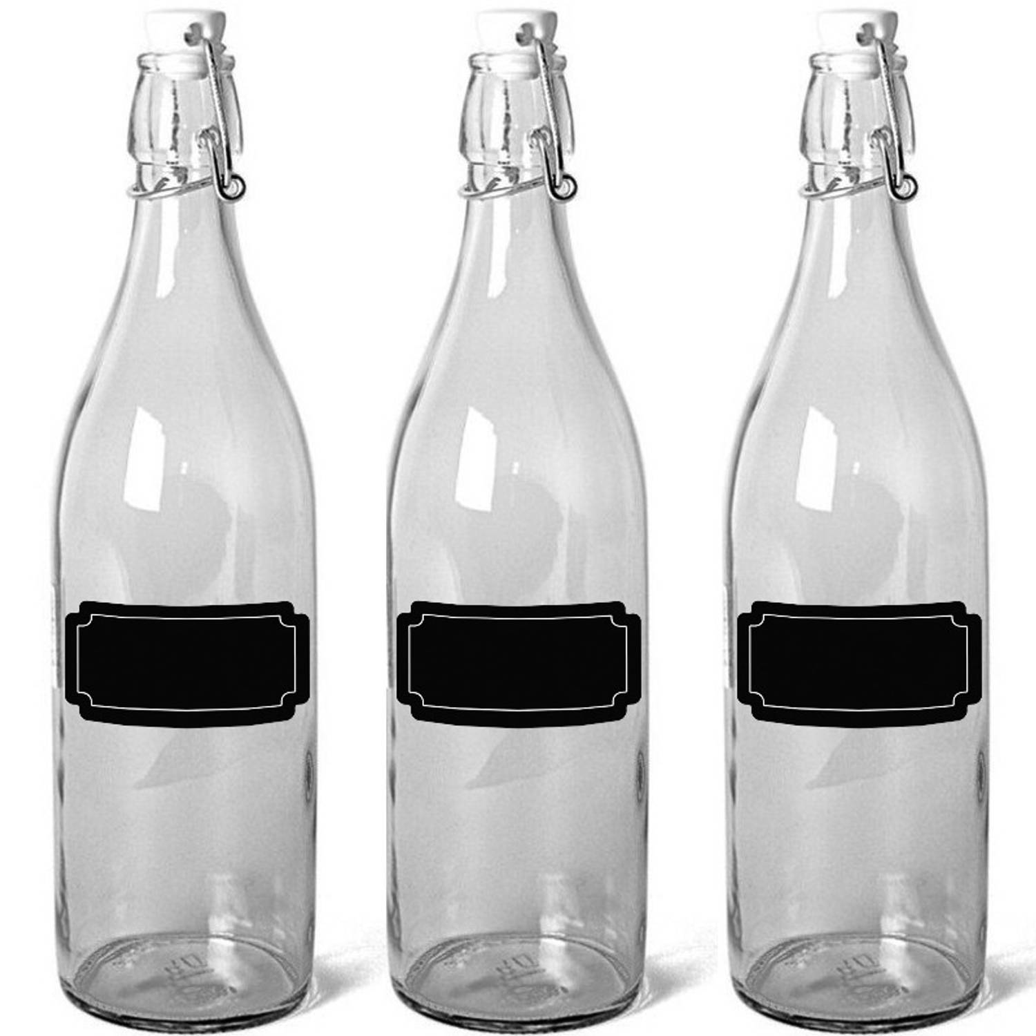 6x Glazen flesjes met beugeldop 1 liter en 6x schoolbord stickers Decoratieve flessen