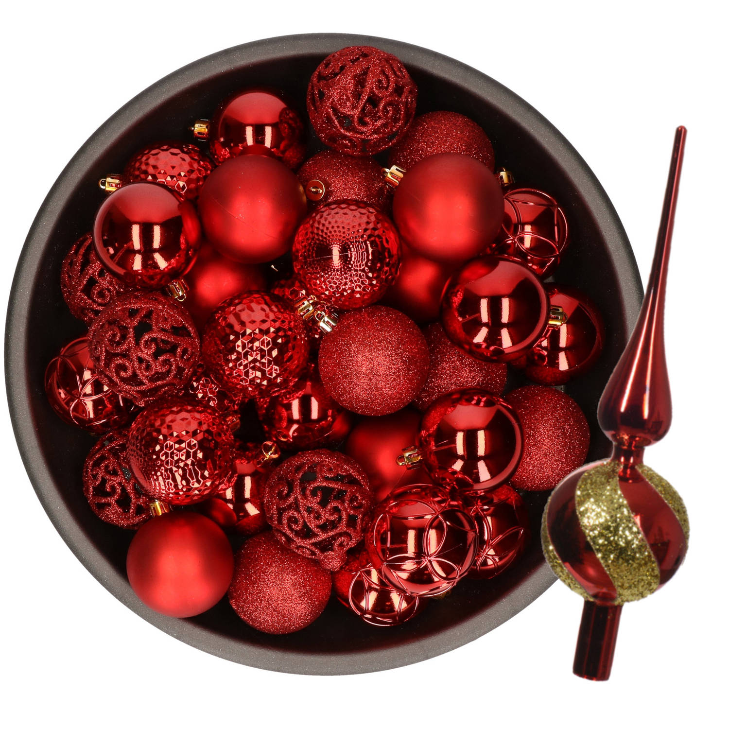 Kerstversiering set - 38-dlg - rood/goud - kunststof kerstballen en glazen piek