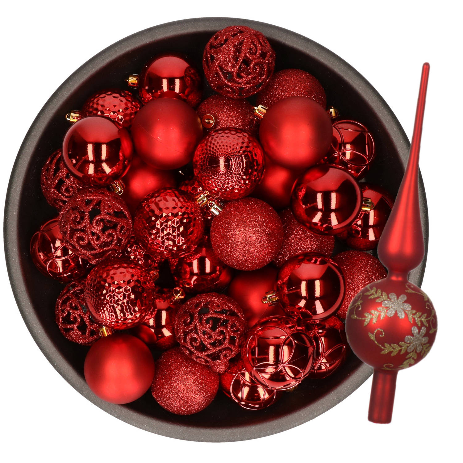 Kerstversiering- 38-dlg- rood -kunststof kerstballen en glas piek Kerstbal