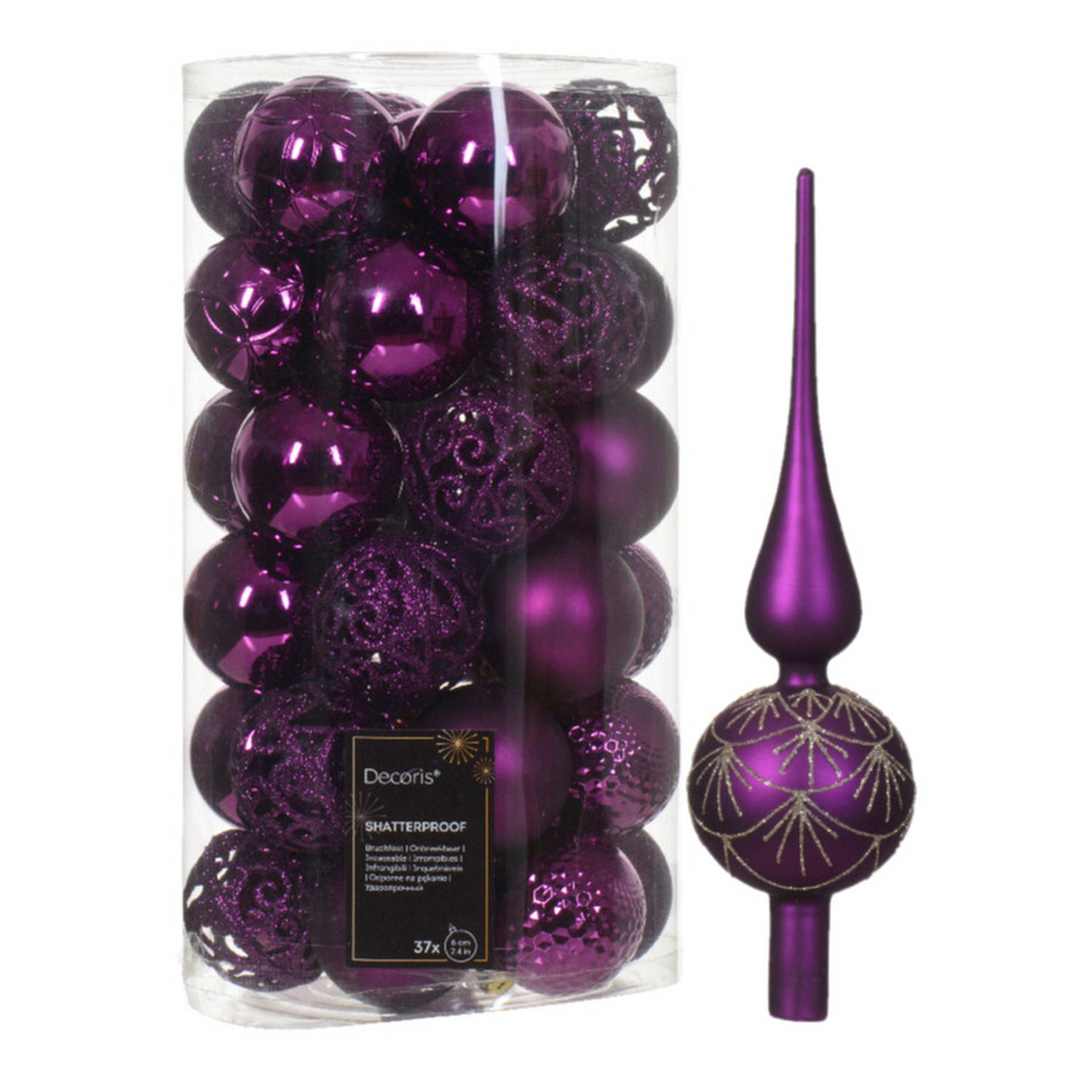 Kerstversiering set - 38-dlg - paars/goud - kunststof kerstballen en glazen piek