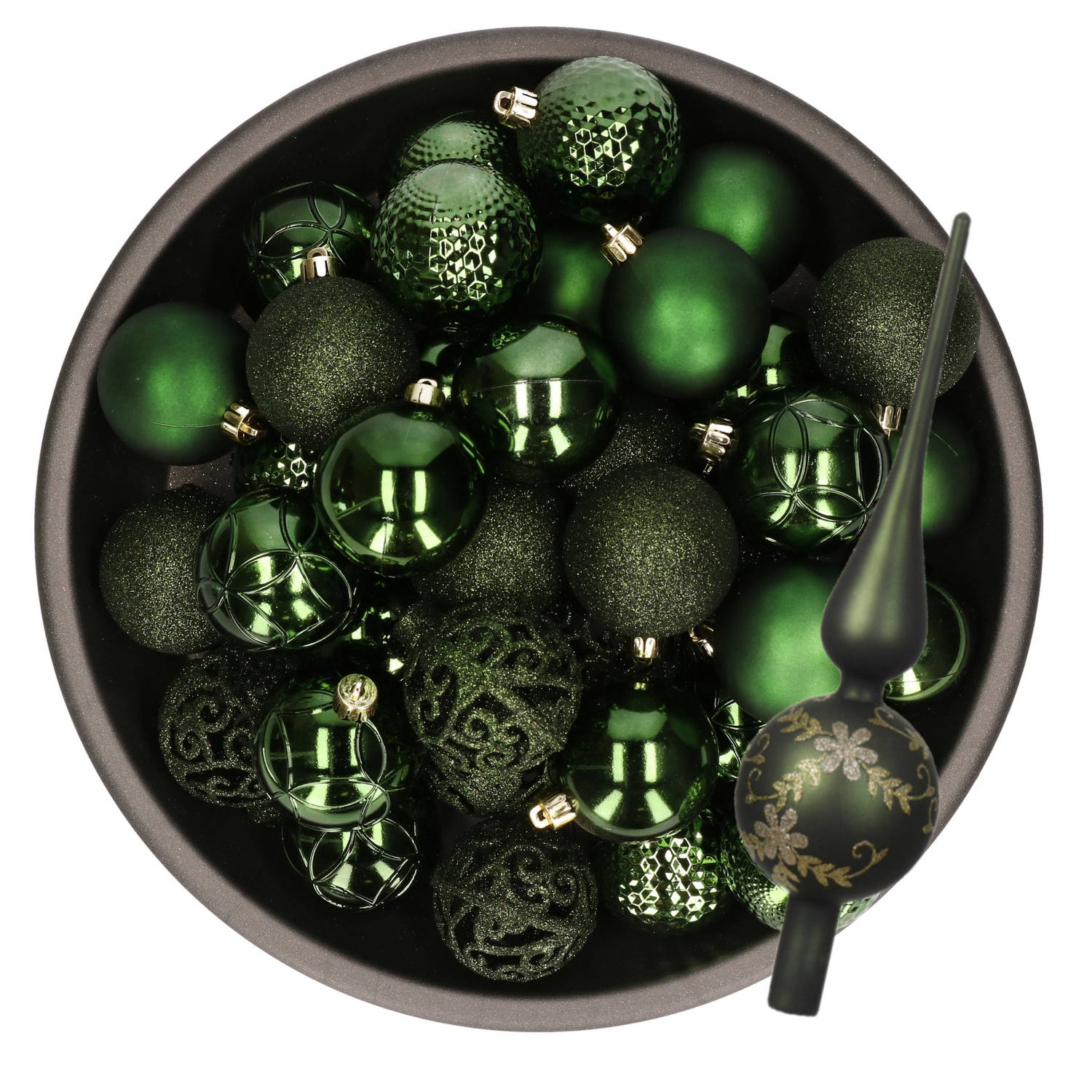 Kerstversiering- 38-dlg- donkergroen -kunststof kerstballen en glas piek Kerstbal