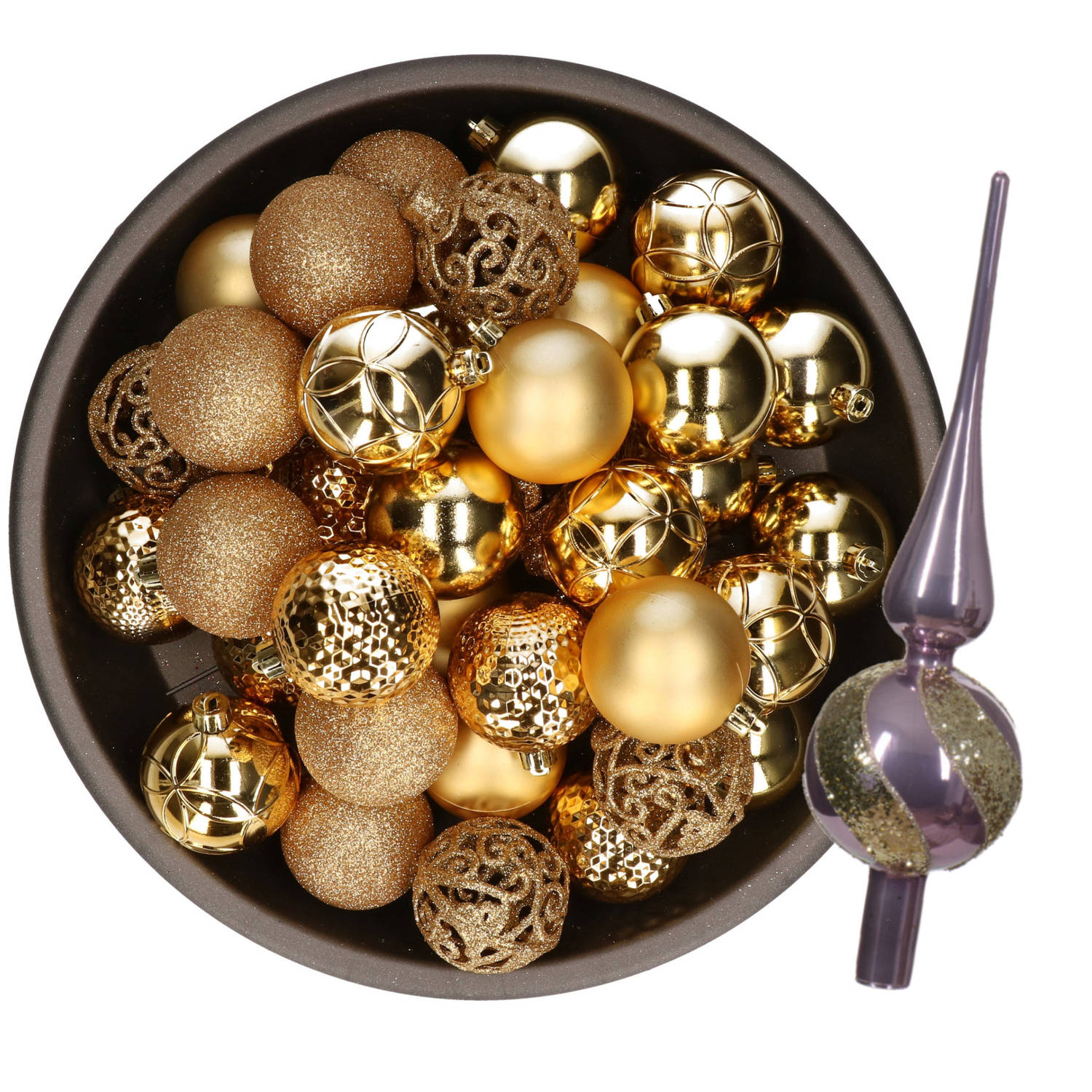 Kerstversiering- 38-dlg- goud -kunststof kerstballen en glas piek Kerstbal