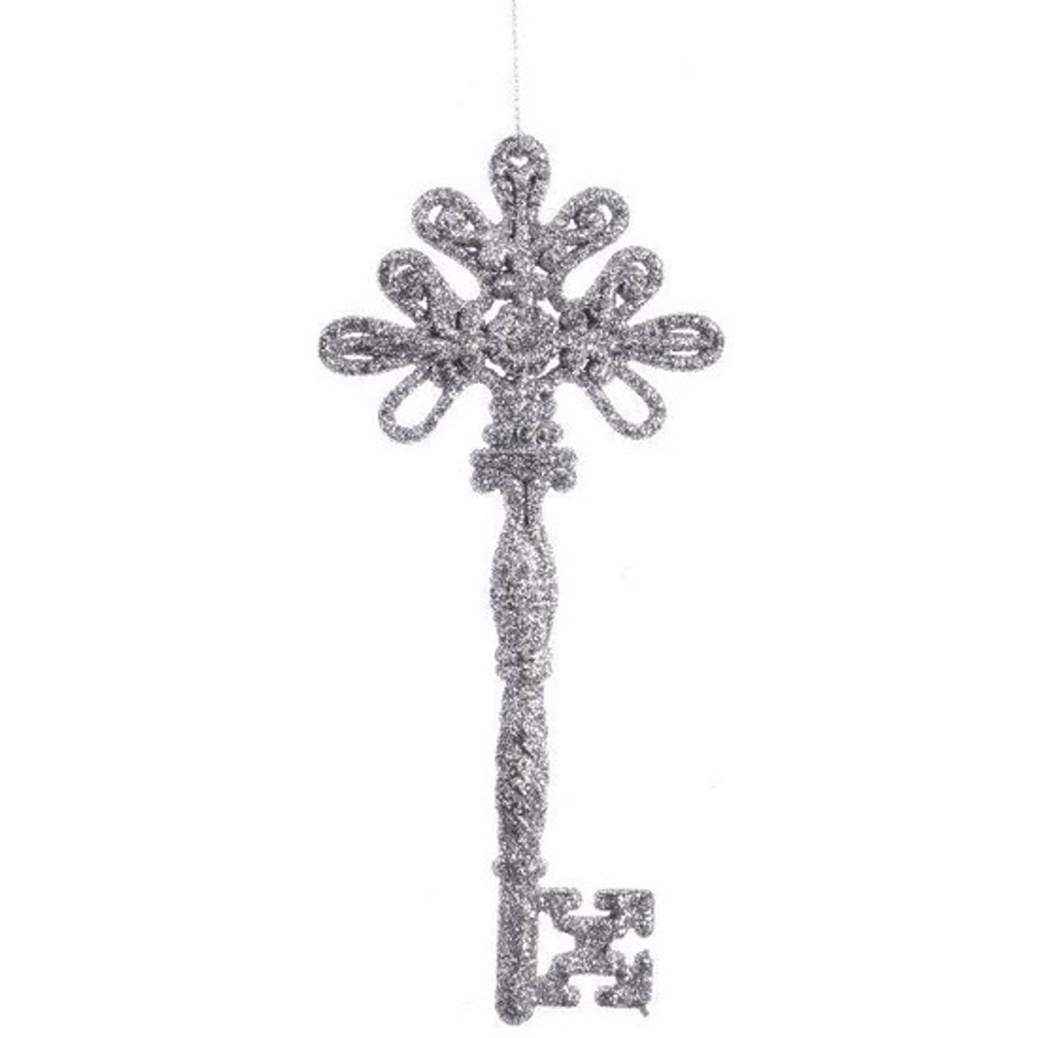 Kerstboom decoratie sleutel zilver 17 cm met glitters