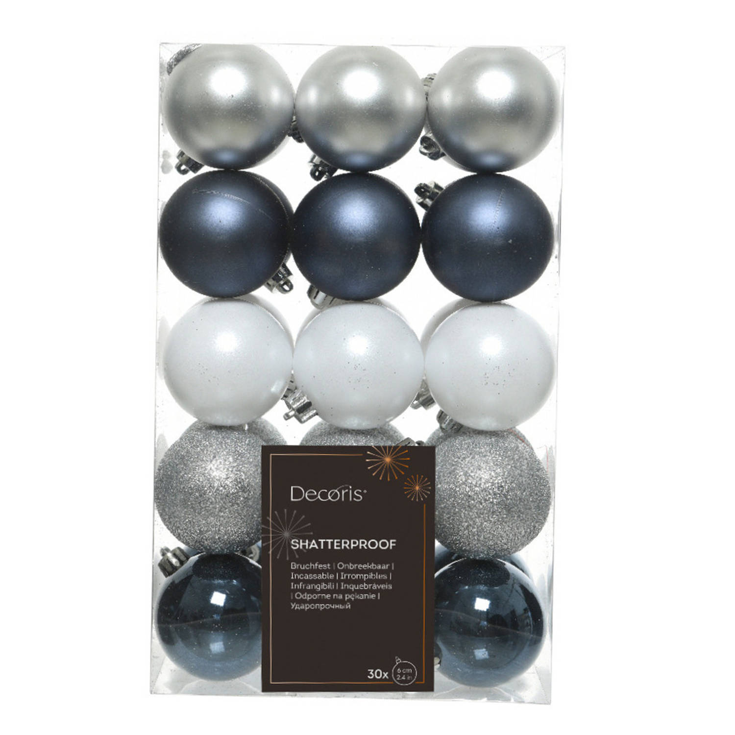 Decoris Kerstballen - 30x - 6 cm - kunststof - donkerblauw/wit/zilver