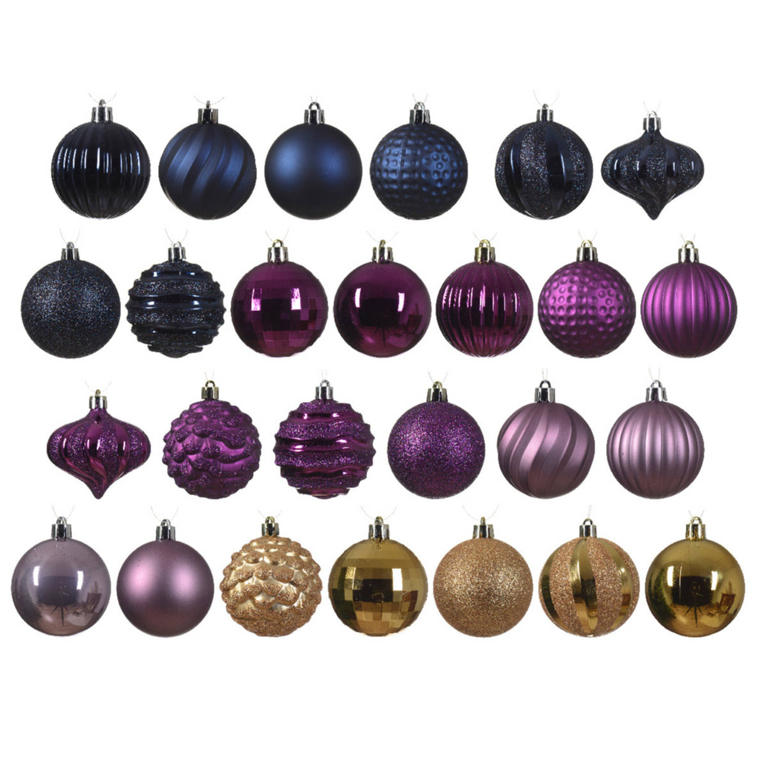 Decoris gedecoreerde kerstballen 30x -plastic -blauw-goud-paars- 7cm Kerstbal
