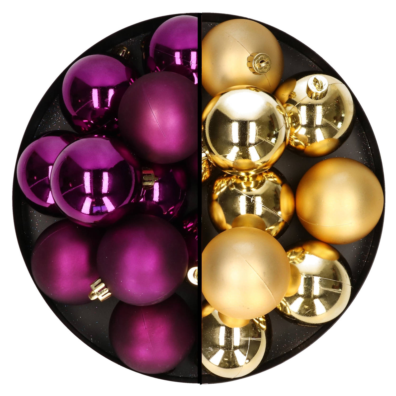 Kerstballen 24x stuks mix goud en paars 6 cm kunststof Kerstbal