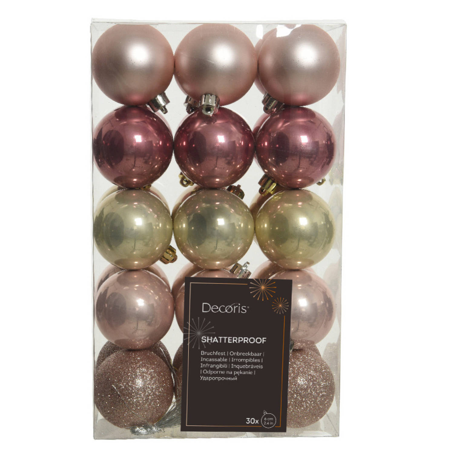 Decoris kerstballen 30x -lichtroze-oudroze-champagne- 6cm -kunststof Kerstbal