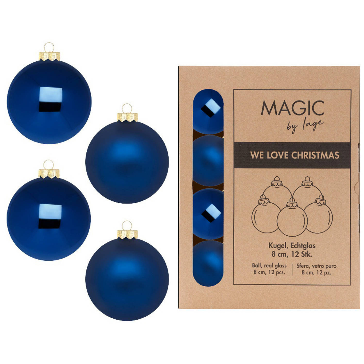 Kerstballen van glas 12x nacht blauw- 8 cm -milieubewust verpakt Kerstbal