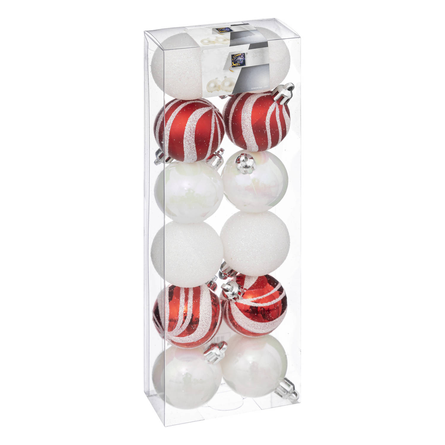 Atmosphera kerstballen 12x -parelmoer wit/rood - 4 cm - kunststof