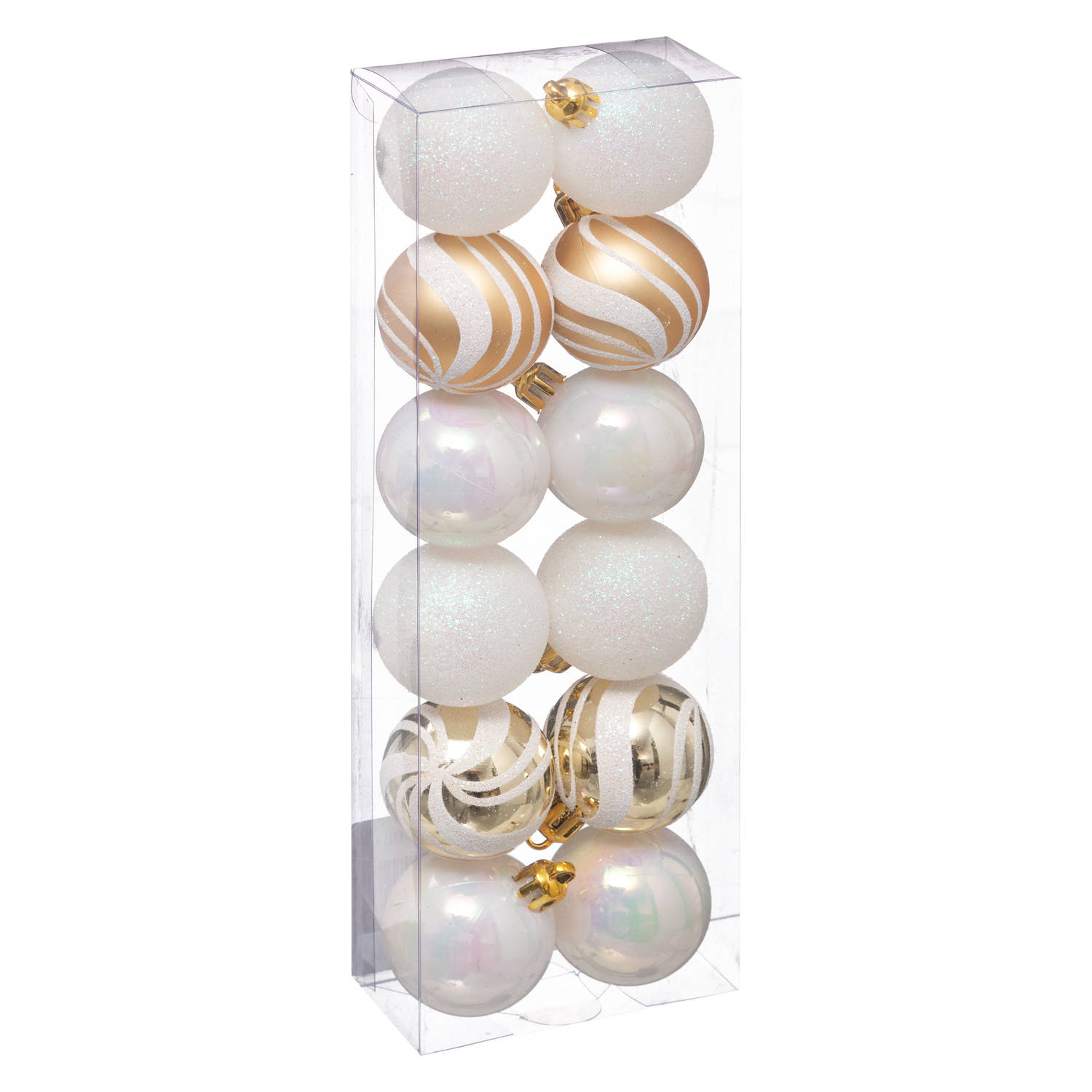 Atmosphera kerstballen 12x -parelmoer wit/goud - 4 cm - kunststof