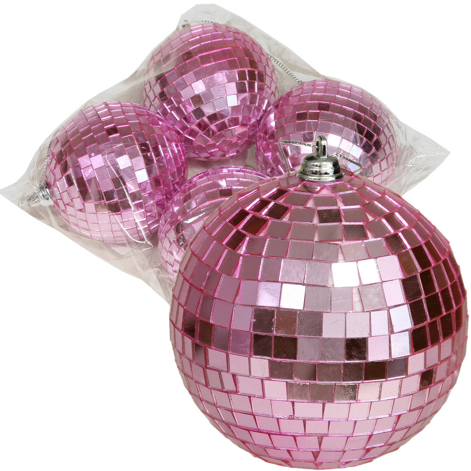 Othmar Decorations disco kerstballen 4x roze 8 cm kunststof Kerstbal