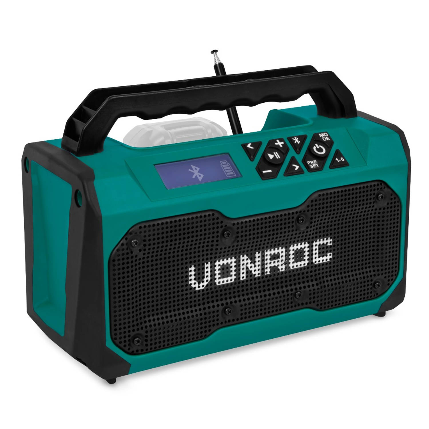 VONROC Accu bouwradio 20V FM, bluetooth & USB Bass-reflex poort speakers Excl. accu en snellader