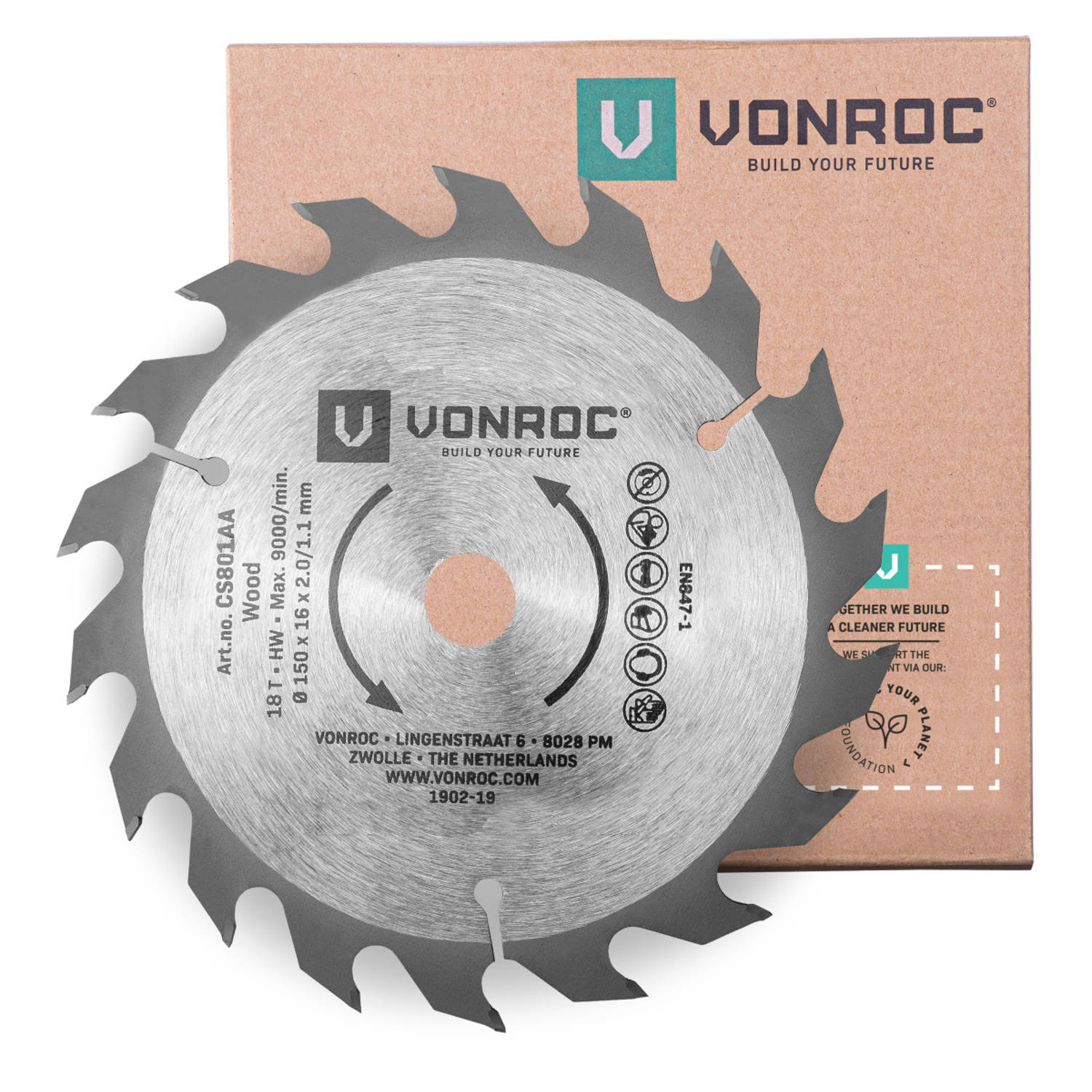 VONROC Cirkelzaagblad 150 x 16 x 2.0-1.1mm 18 tanden geschikt voor hout universeel