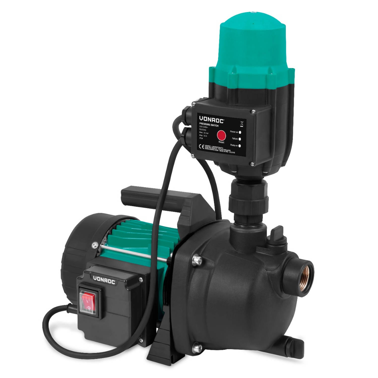VONROC Hydrofoorpomp / Automatische pomp - 800W - 3300l/h - Met drukschakelaar - Droogloopbeveiliging - Voor besproeien en huishoudwater