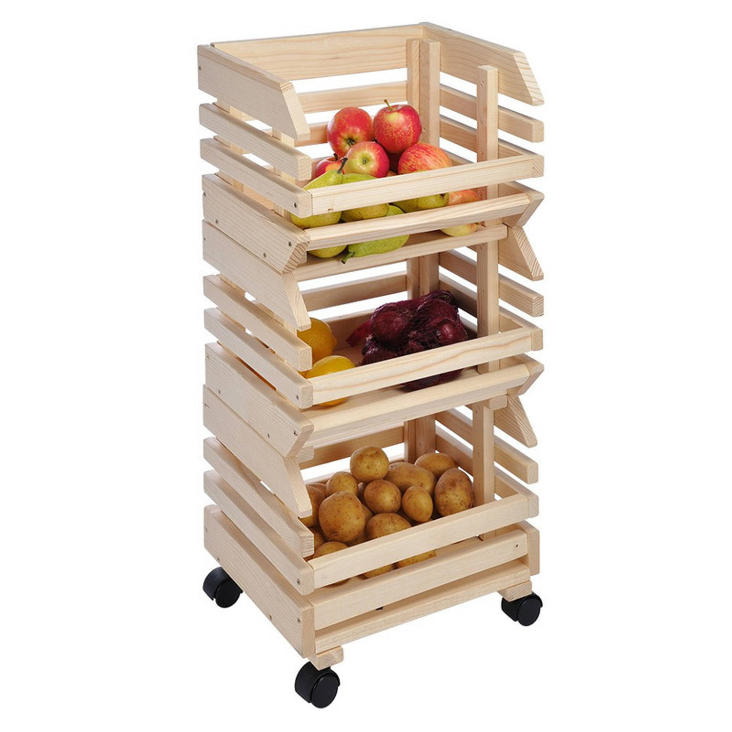 Houten fruitkisten op karretje-fruitmanden 80 cm Opberg trolley