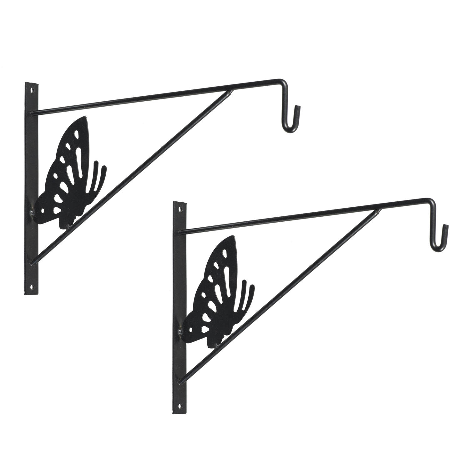 2x stuks muurhaak-plantenhaak met vlinder voor hanging basket van verzinkt staal grijs antraciet 35 