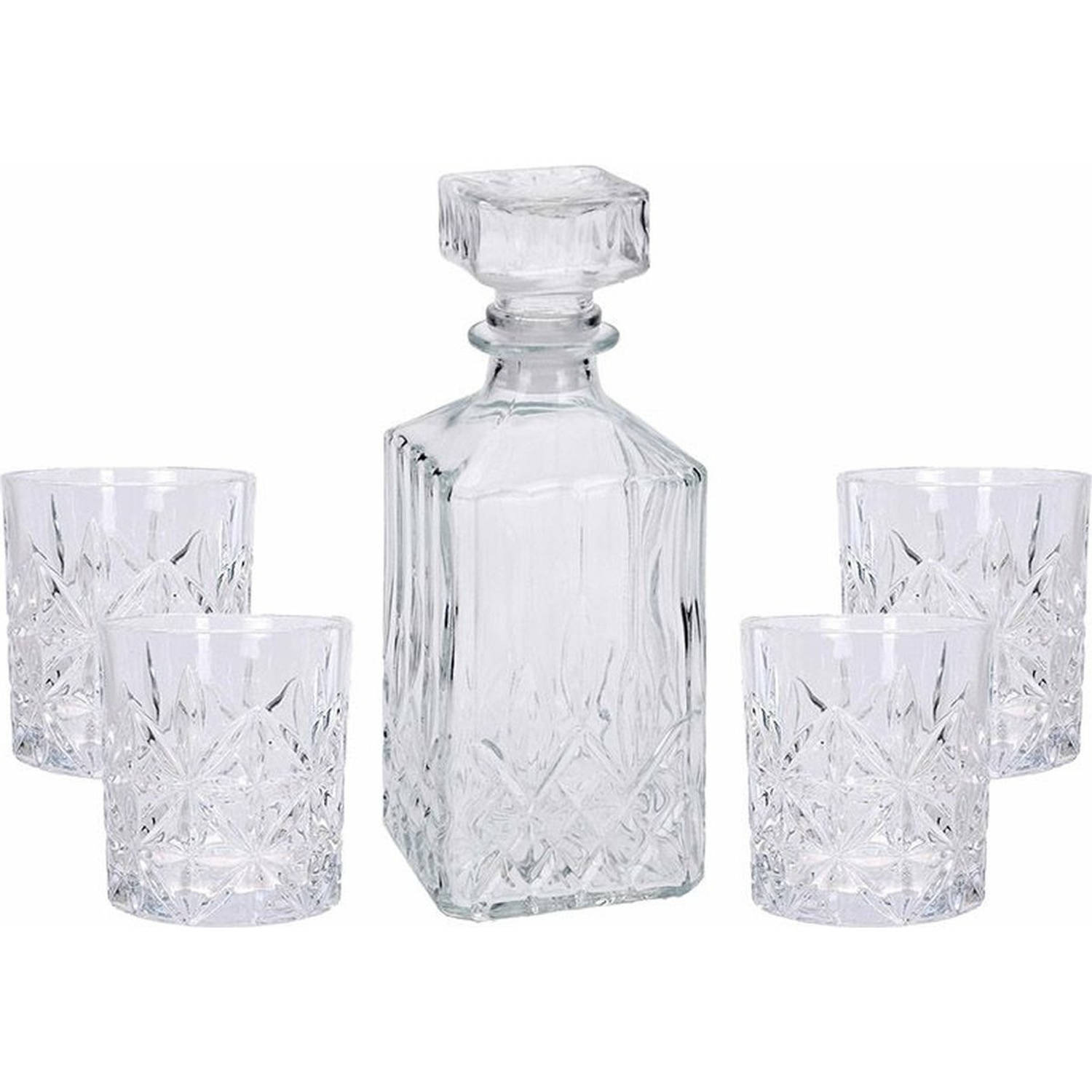Glazen decoratie fles-karaf 900 ml met 4x glazen 230 ml voor water of likeuren Karaffen
