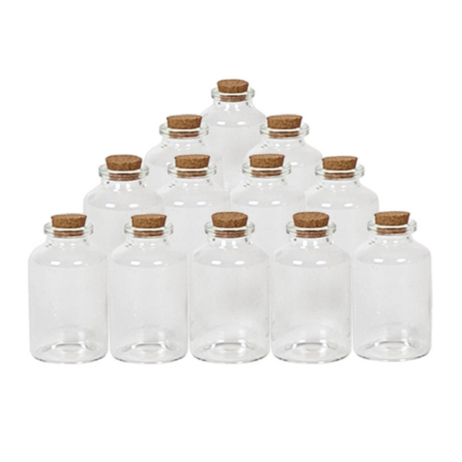 12x Kleine decoratieve glazen flesjes met kurken dop 30 ml - Decoratieve flessen