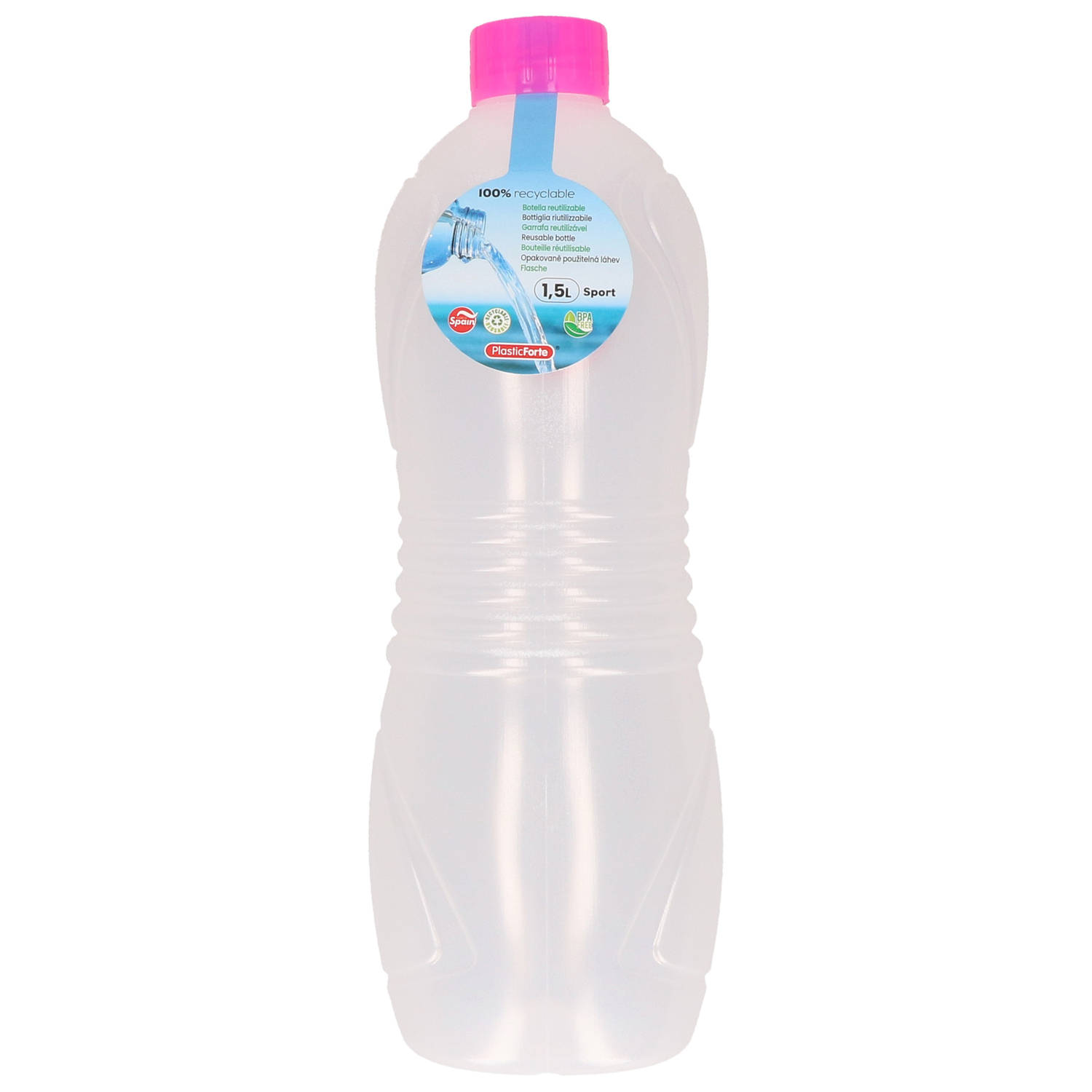 Plasticforte Drinkfles/waterfles/bidon - 1500 ml - transparant/roze - kunststof