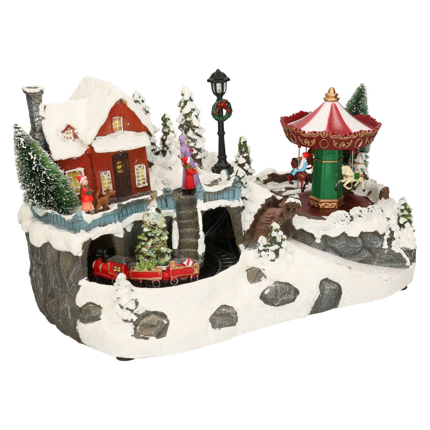 Christmas Decoration kerstdorp draaiende carrousel -met licht- 34 cm Kerstdorpen