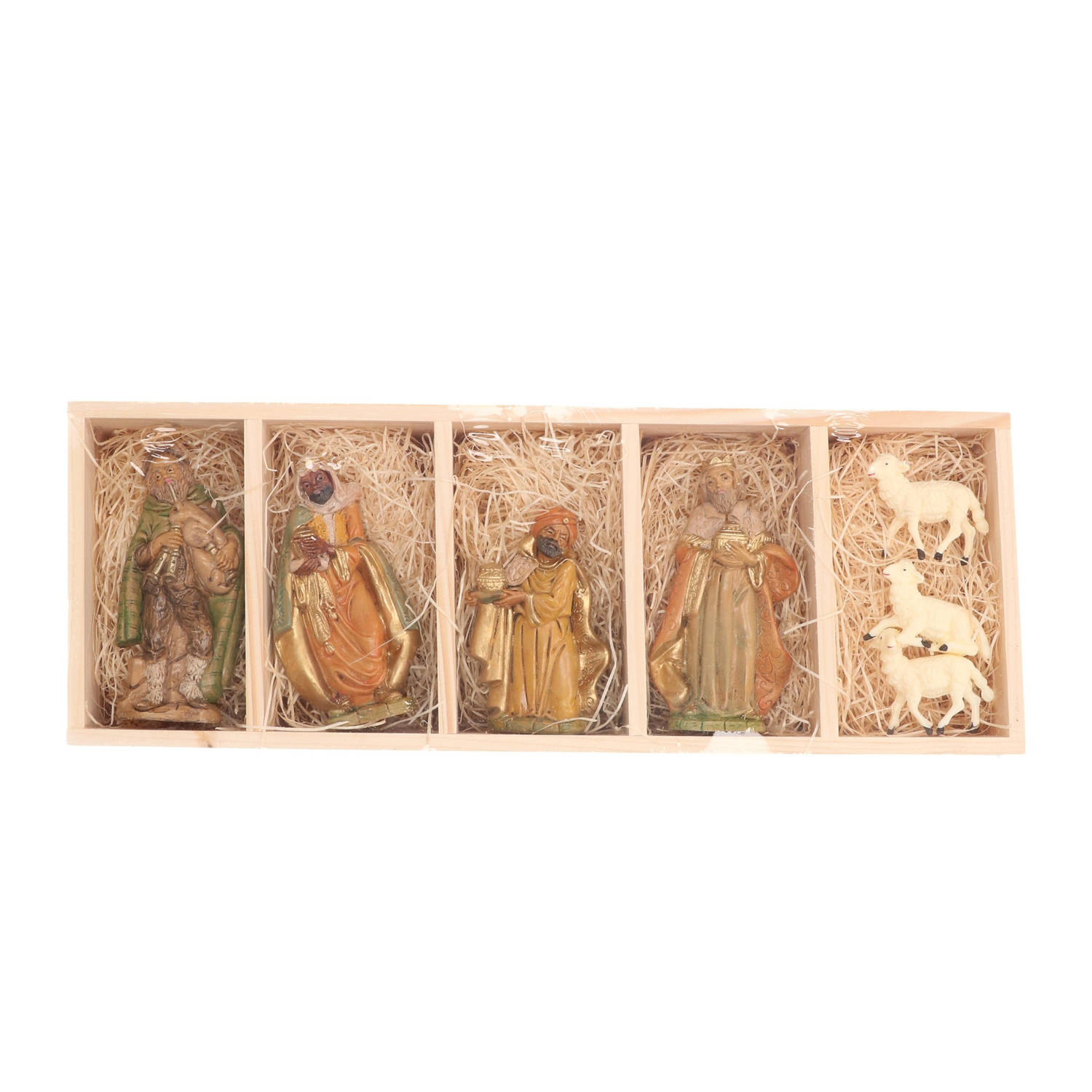 Beeldjes van de 3 koningen, herder en schapen 12 cm Kerstbeeldjes