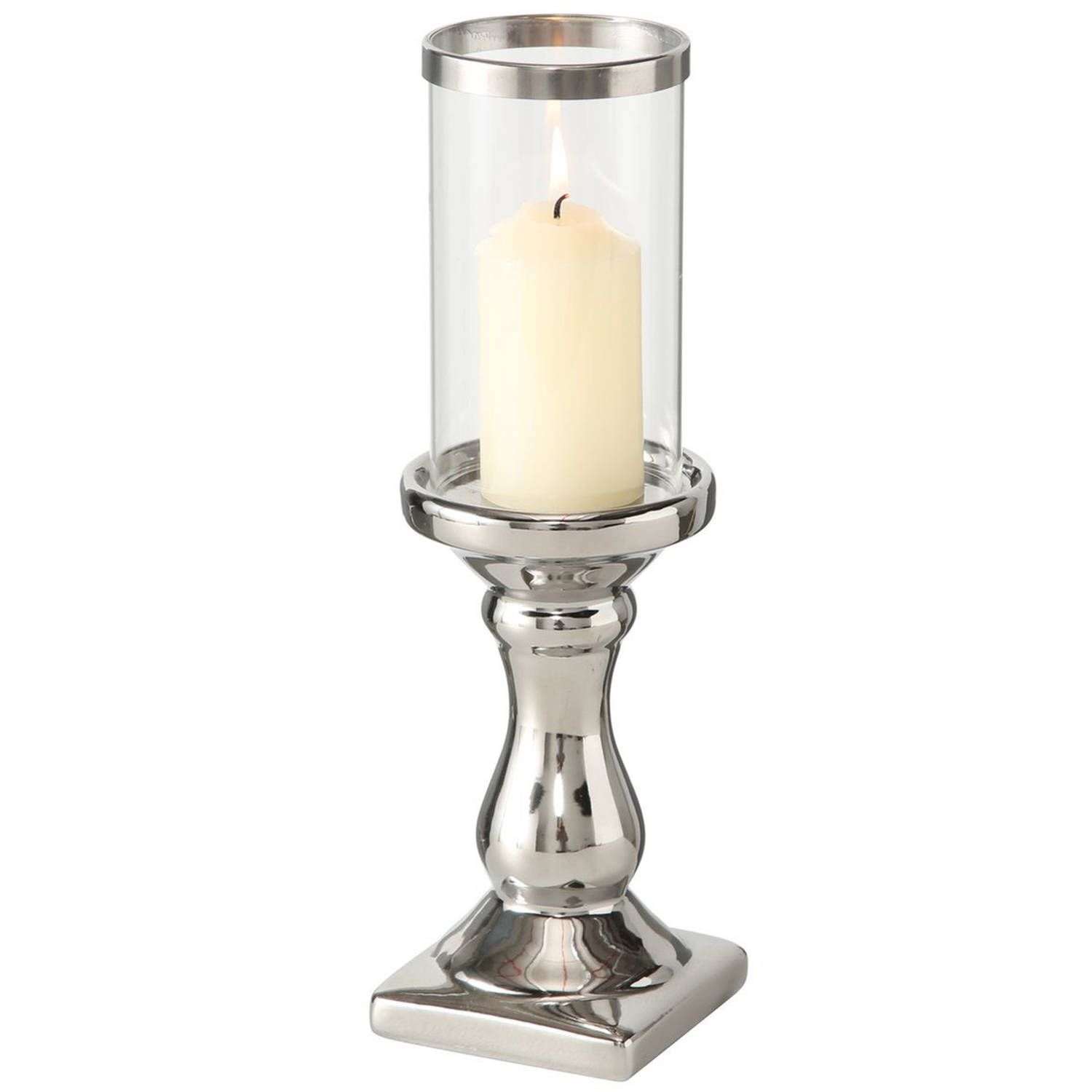 Zilveren keramiek kaarsenhouder/windlicht voor stompkaarsen 31 x 9 cm met glazen top