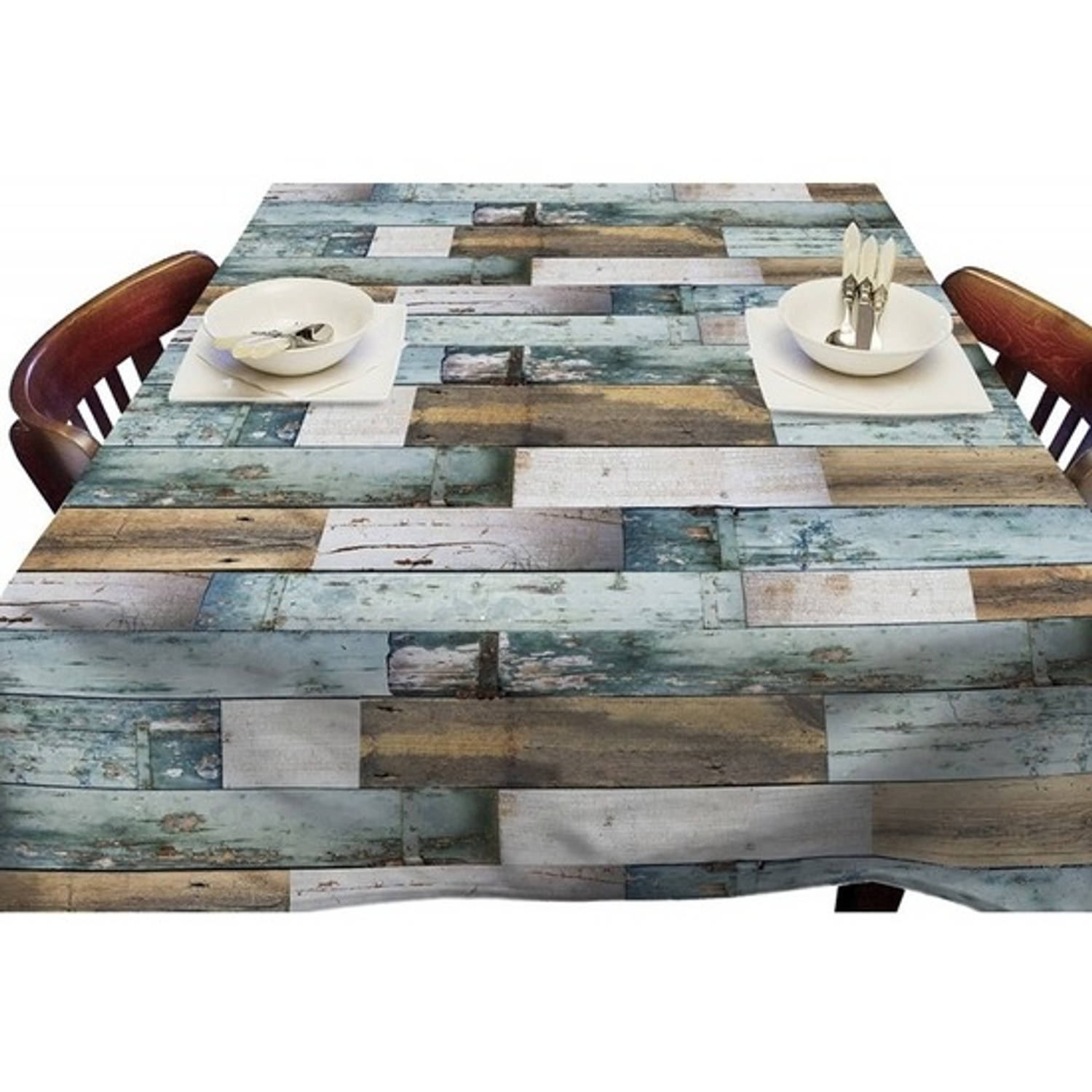 Buiten tafelkleed-tafelzeil blauwe steigerhouten planken 140 x 250 cm Rechthoekig Tuintafelkleed taf
