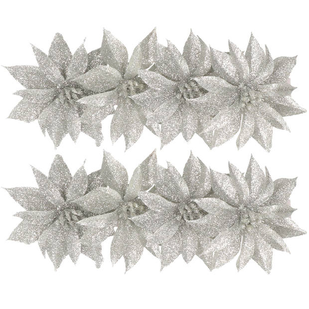Kerstboom bloemen op clip 8x stuks zilver glitter 9.5 cm - Kersthangers