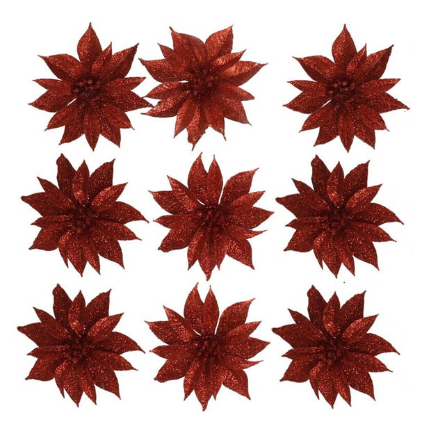 12x stuks glitter decoratie bloemen op clip rood 9.5 cm - Kunstbloemen