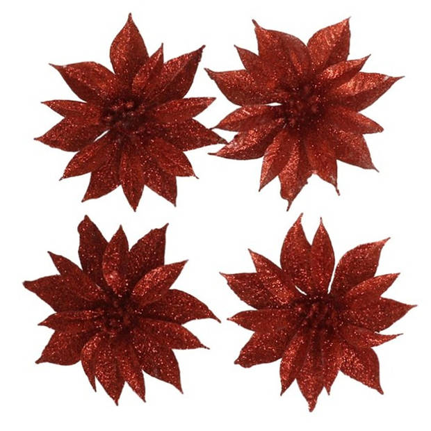 12x stuks glitter decoratie bloemen op clip rood 9.5 cm - Kunstbloemen