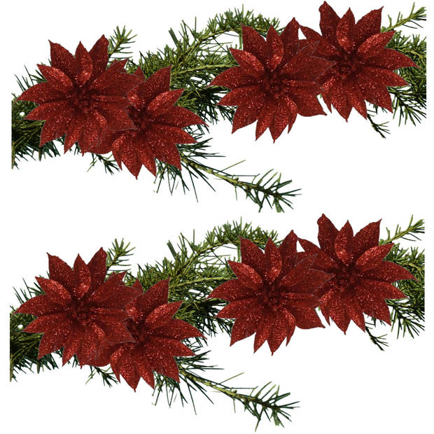 8x stuks glitter decoratie bloemen op clip rood 9.5 cm - Kunstbloemen