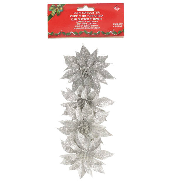 8x stuks glitter decoratie bloemen op clip zilver 9.5 cm - Kunstbloemen