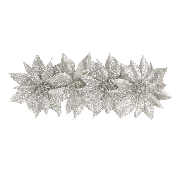 12x stuks glitter decoratie bloemen op clip zilver 9.5 cm - Kunstbloemen